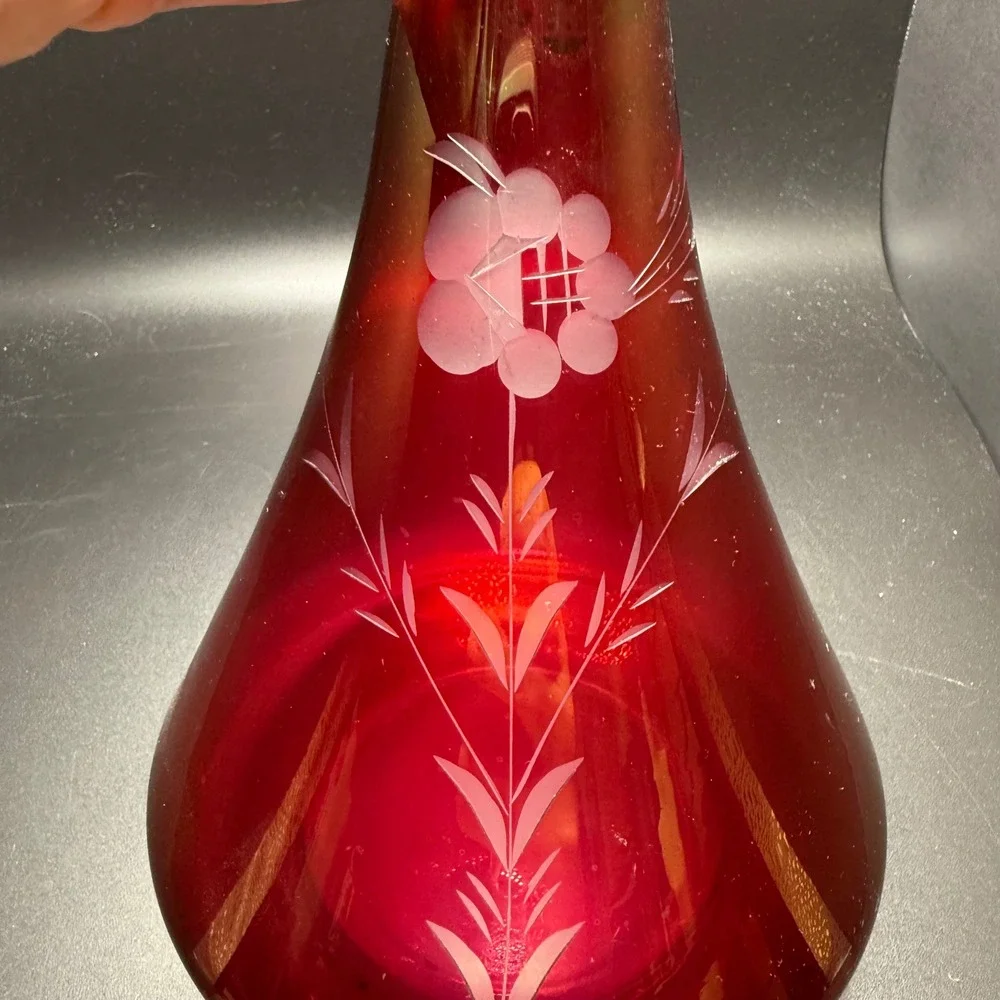 Vintage Ruby Red Glass Vase Etched Floral Teardrop Bud Vase 12x6 Mid Century